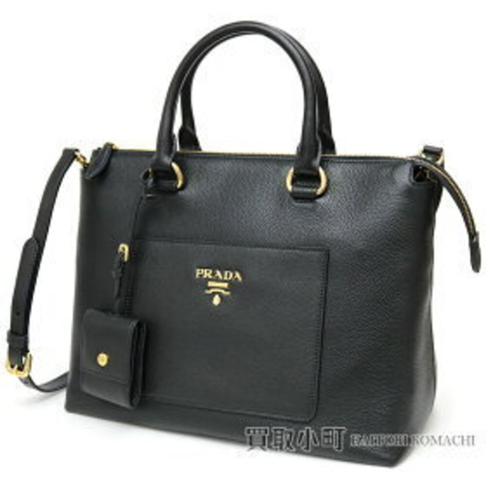 Prada Calfskin Tote Bag Metal Logo Black Leather Shoulder Handbag VITDAINO NERO